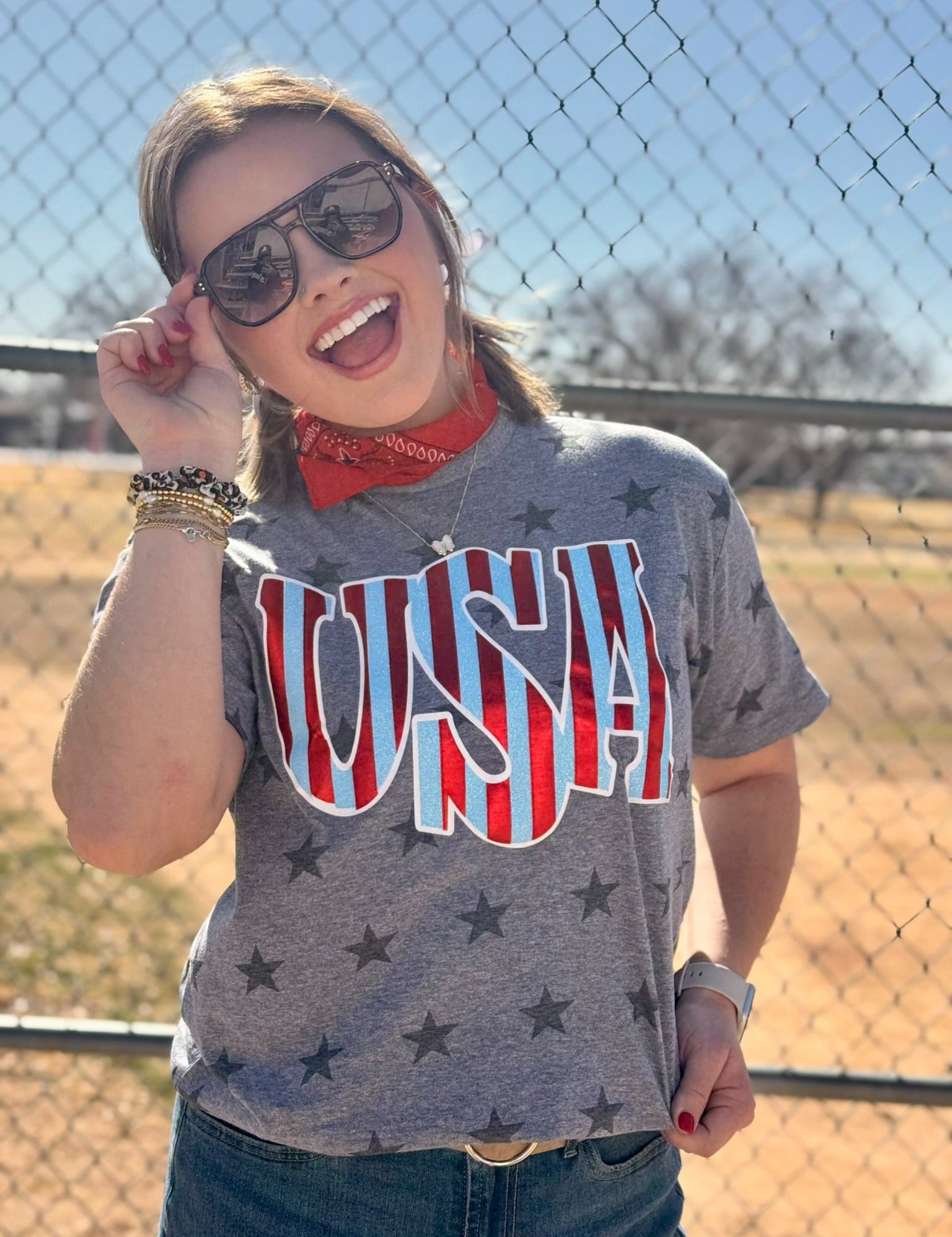 Striped USA in Glitter & Metallic Puff Tee