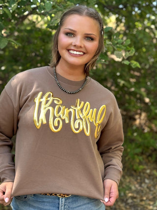 Thankful in Gold Metallic Puff Sweatshirt