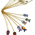 A set of gold chain necklaces with colorful fish-shaped pendants, displayed against a solid white background.
