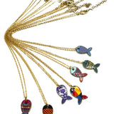 A set of gold chain necklaces with colorful fish-shaped pendants, displayed against a solid white background.