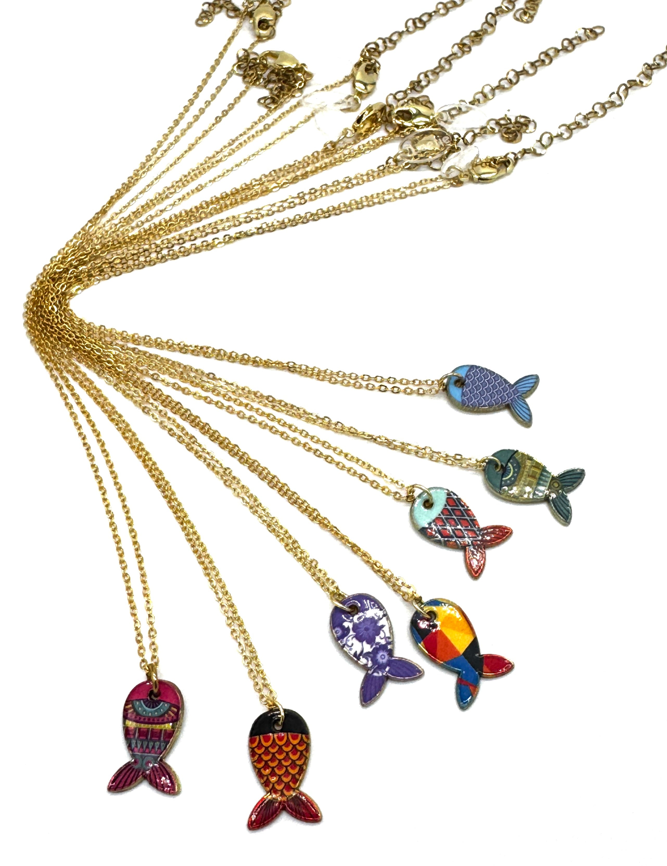 A set of gold chain necklaces with colorful fish-shaped pendants, displayed against a solid white background.