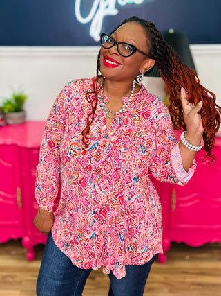 Dear Scarlett Lizzy Top In Taupe Multi Abstract Paisley