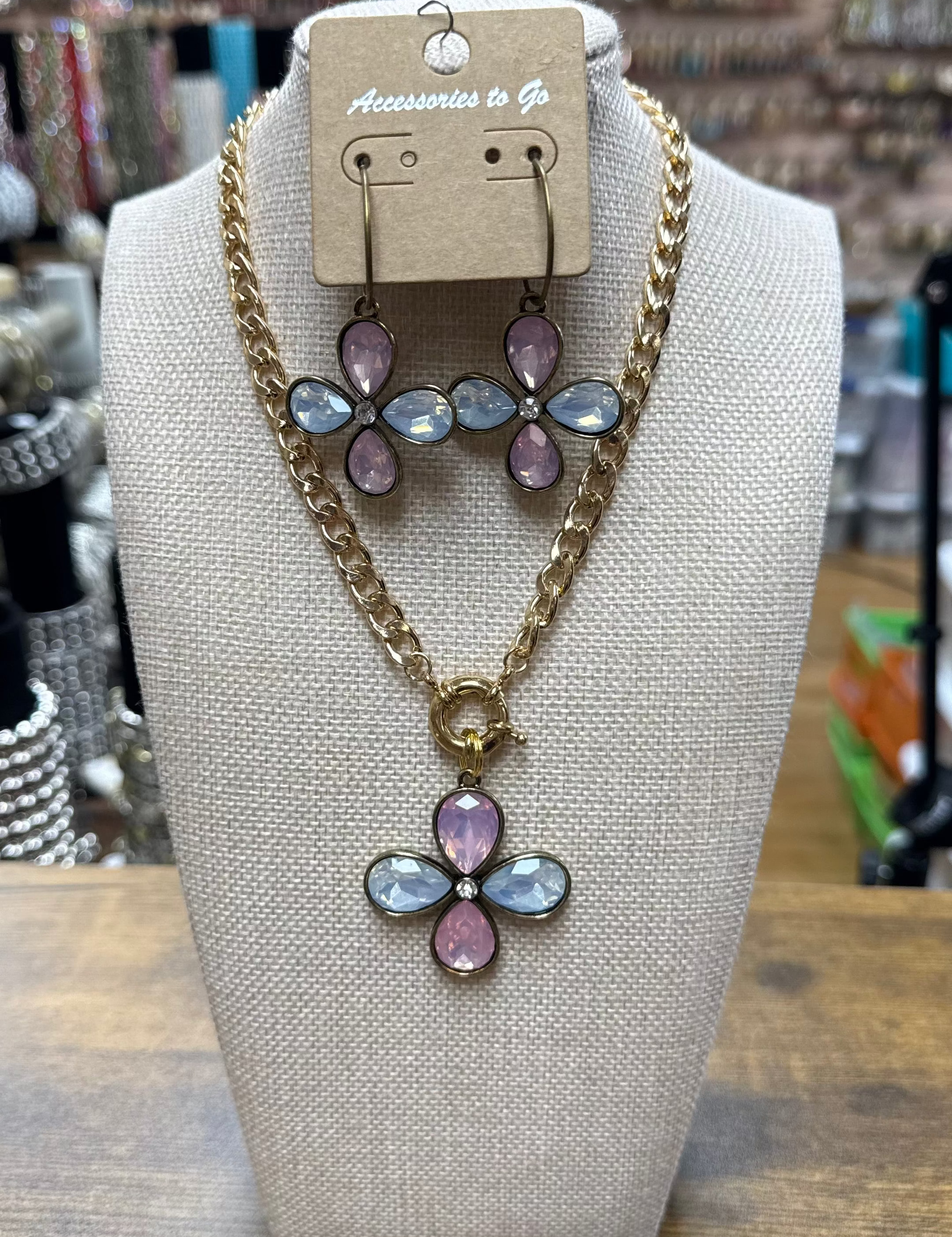 Pastel Cross Necklace & Earrings - Silver or Gold