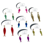 Six pairs of fish-shaped dangling earrings arranged on a white background, each with a small brand label reading 'LEETHE LOVENDALE'. The earrings come in green, blue, red, purple, and gold-tone finishes.