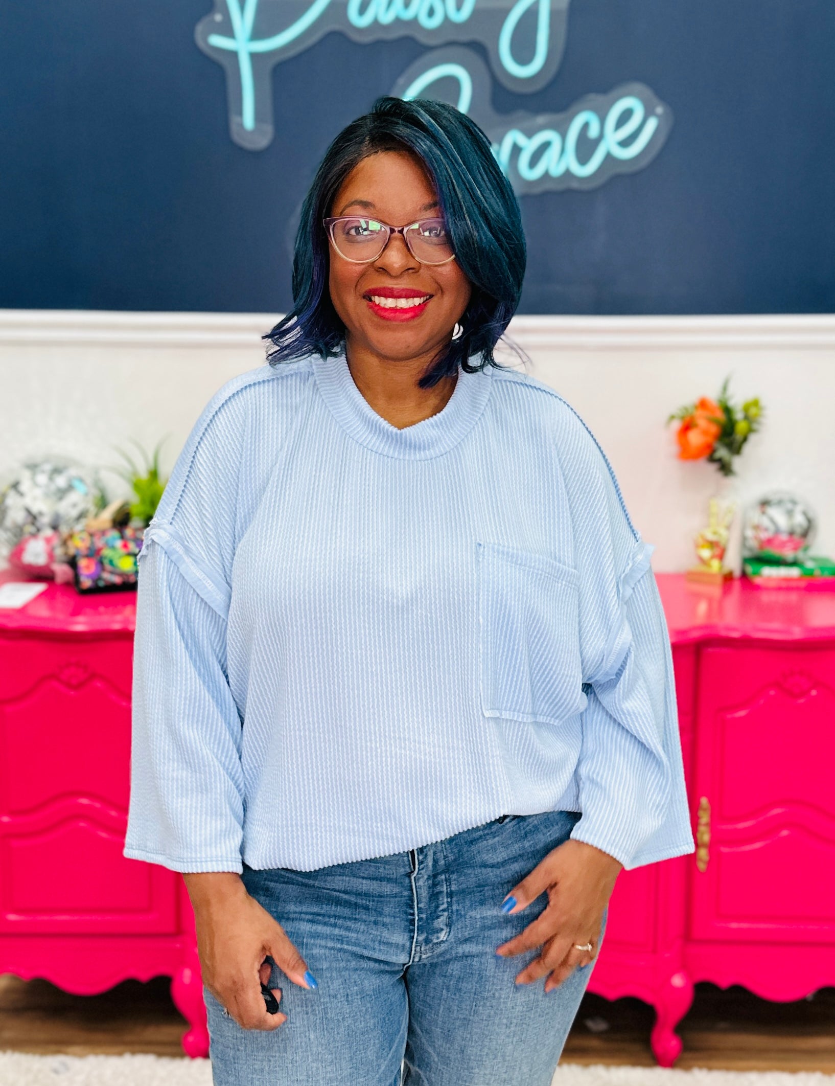 Hearts In Motion Top - Lt. Blue - LAST ONES FINAL SALE
