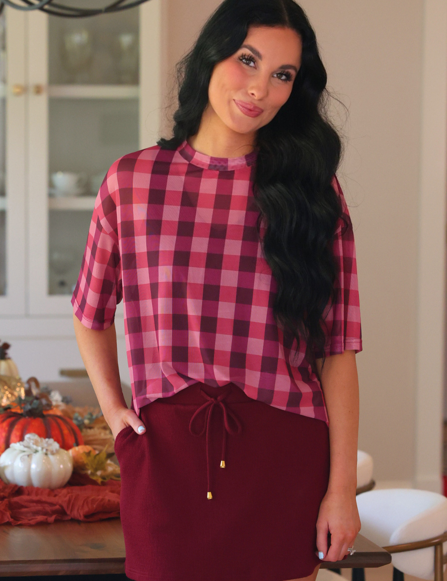 Emma Mesh Tee- Cranberry Gingham - PREORDER