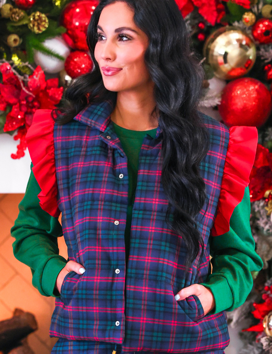 PREORDER- Navy Christmas Plaid Puffer Vest