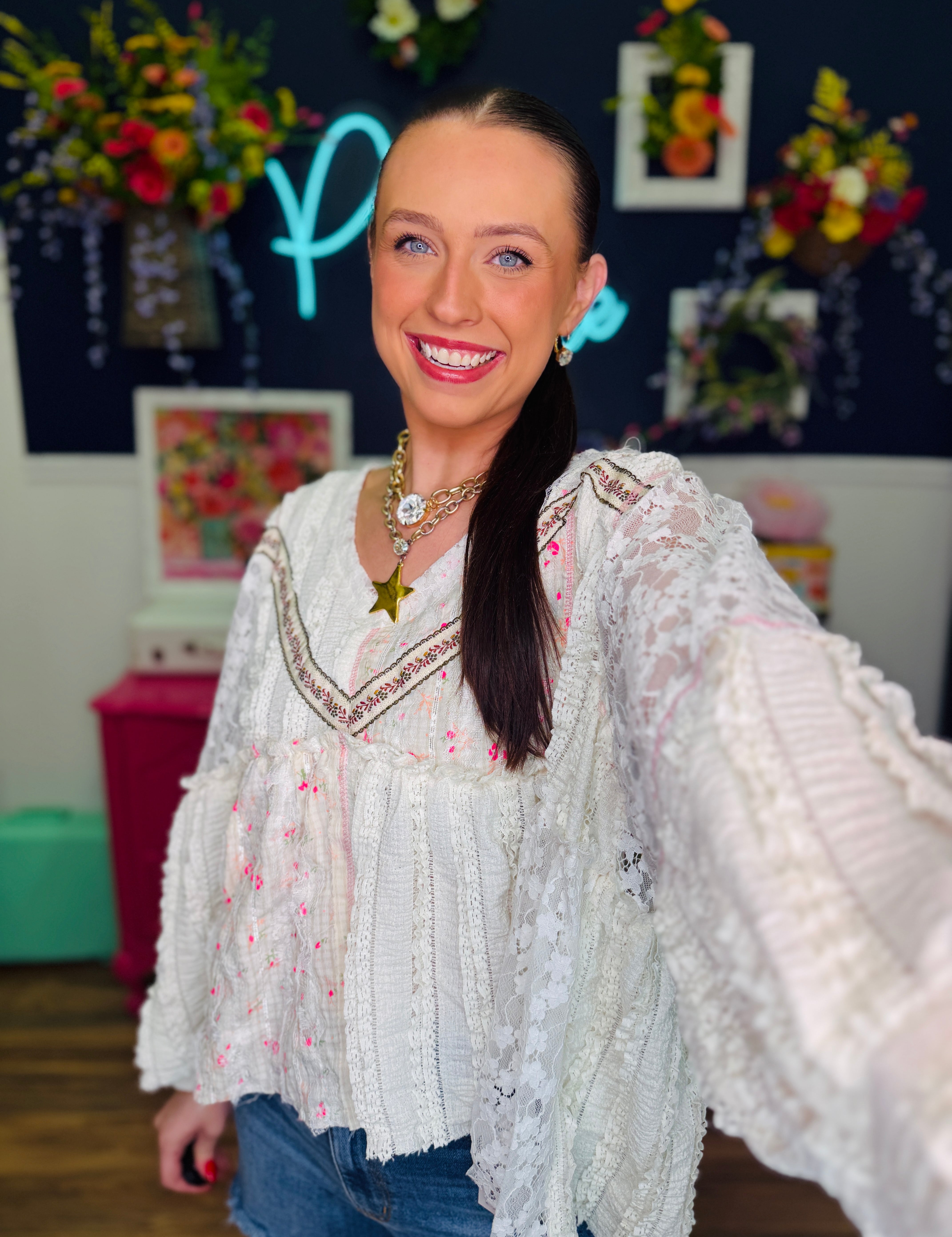 POL Bohemian Lace Balloon Sleeve Top - Cream Multi