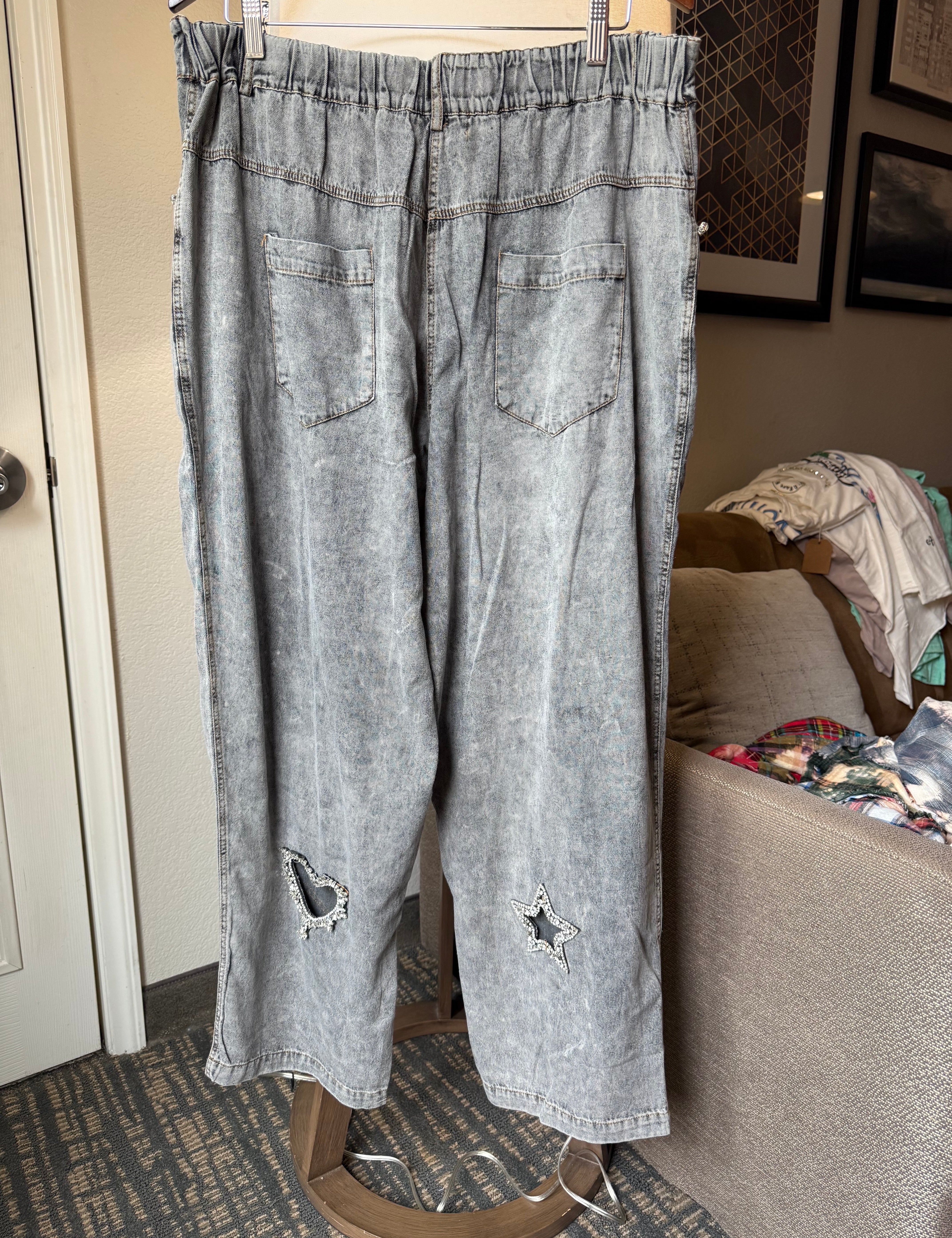 Grey Chambray Crystal Cutout Jeans