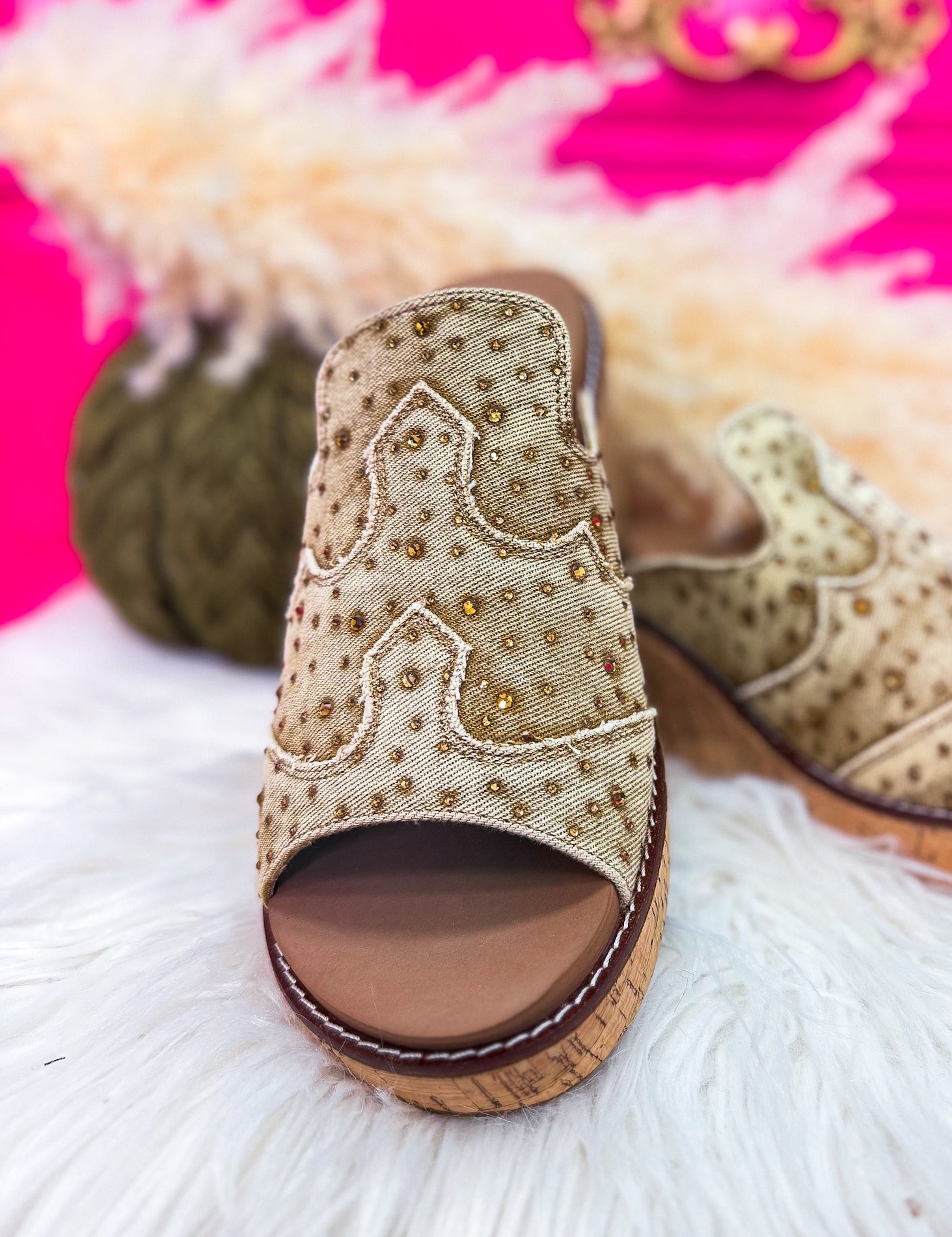 Neon Moon Tan Washed Denim Rhinestone Wedge by Corkys