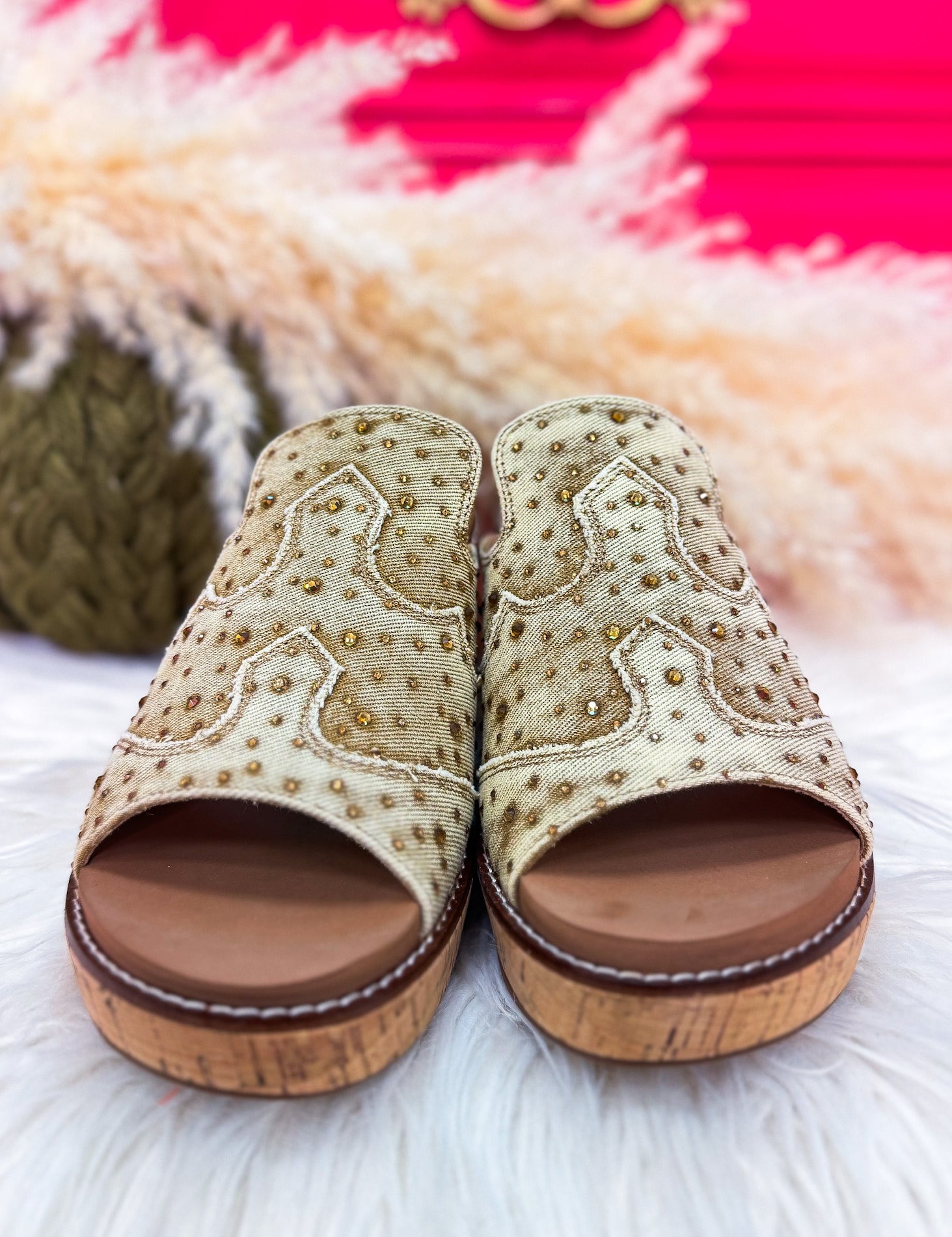 Neon Moon Tan Washed Denim Rhinestone Wedge by Corkys