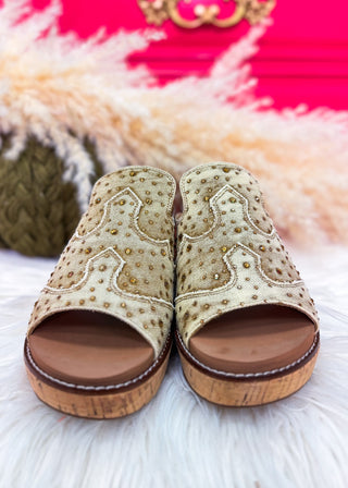 Neon Moon Tan Washed Denim Rhinestone Wedge by Corkys