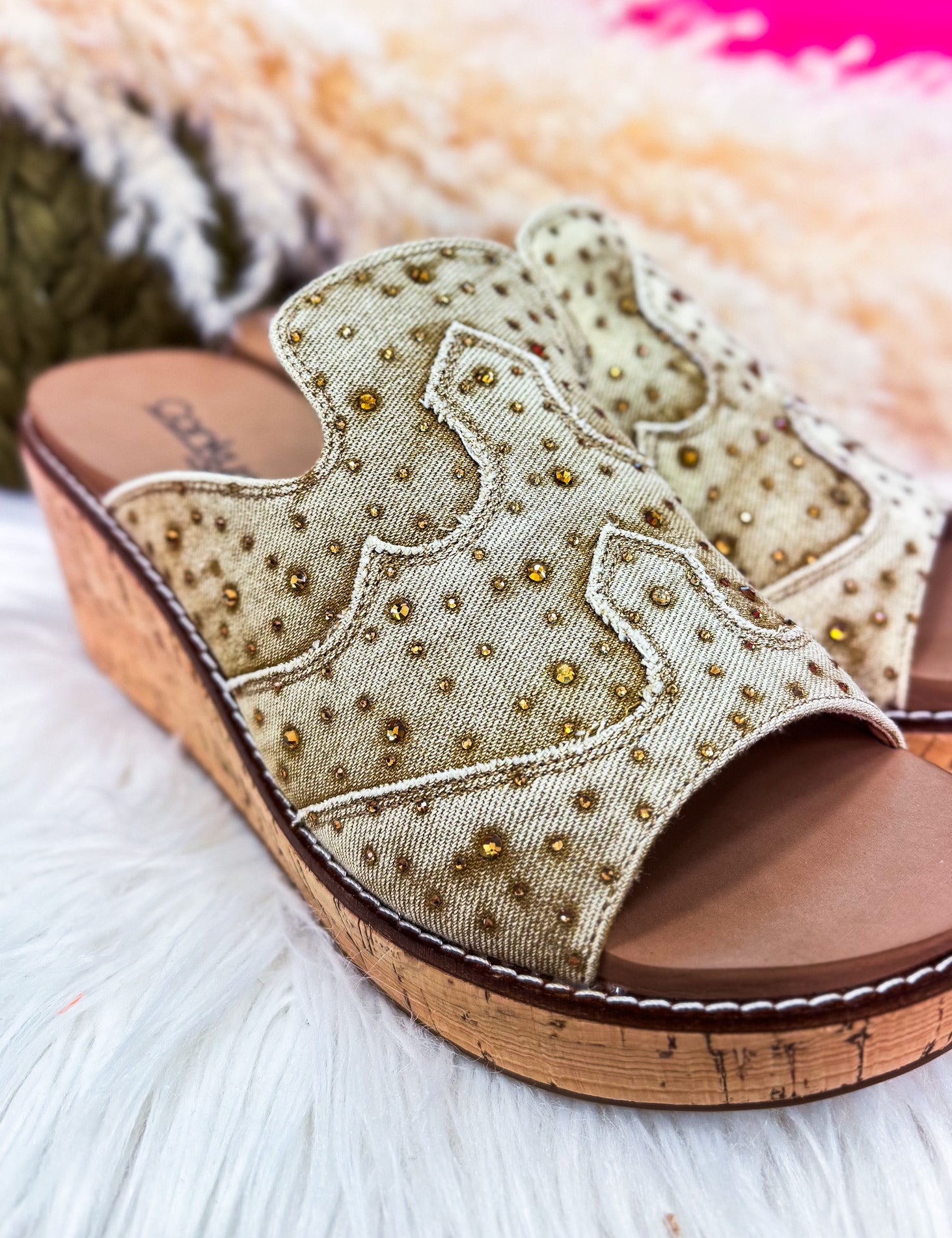 Neon Moon Tan Washed Denim Rhinestone Wedge by Corkys