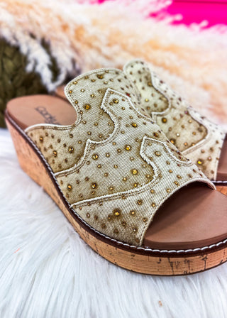 Neon Moon Tan Washed Denim Rhinestone Wedge by Corkys