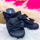 Bowed Up Wedge by Corkys - Black Faux Suede