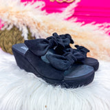 Bowed Up Wedge by Corkys - Black Faux Suede