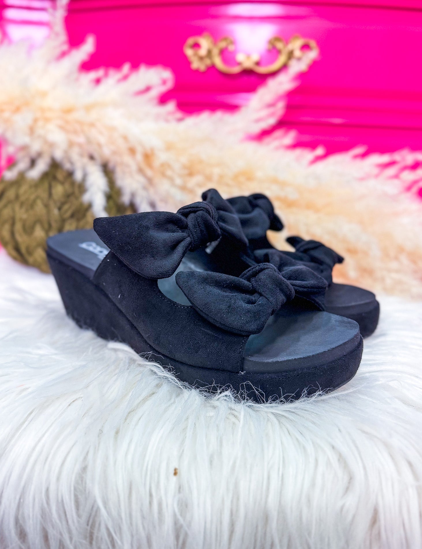 Bowed Up Wedge by Corkys - Black Faux Suede