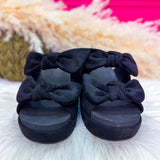 Bowed Up Wedge by Corkys - Black Faux Suede