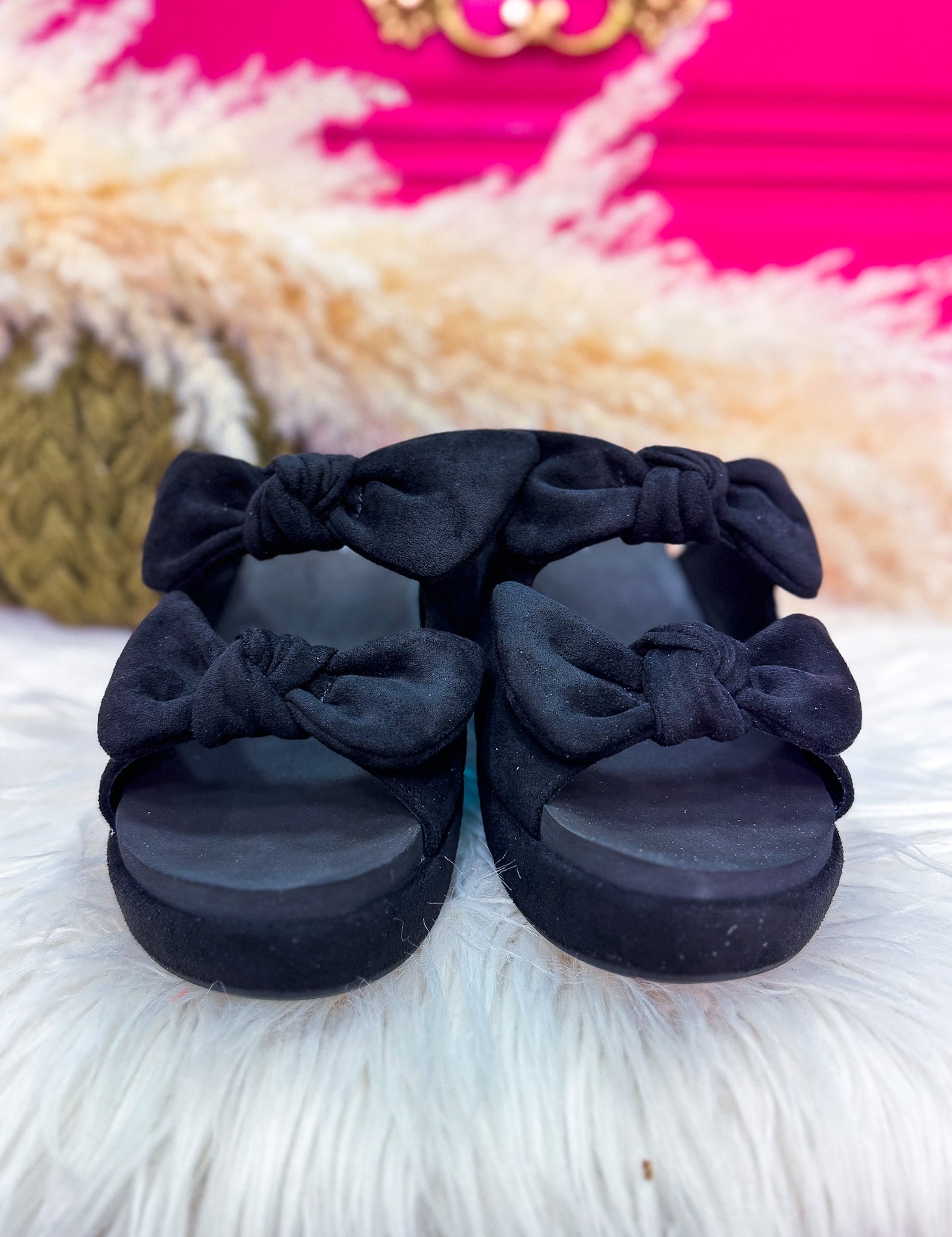 Bowed Up Wedge by Corkys - Black Faux Suede