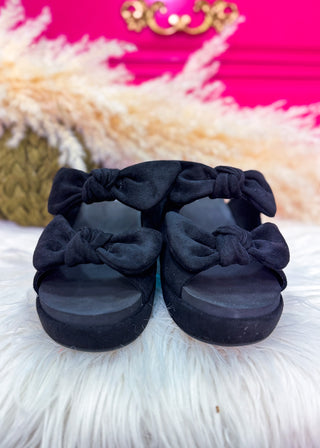 Bowed Up Wedge by Corkys - Black Faux Suede