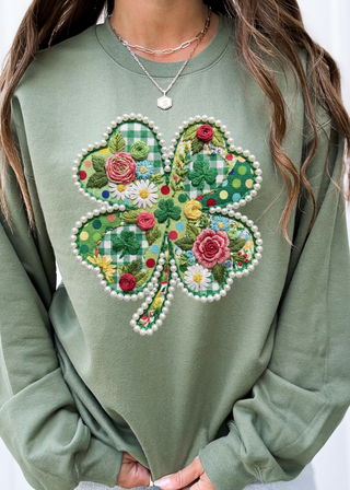 Faux Pearl Embroidered Clover - Tee or Sweatshirt