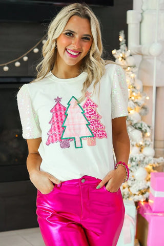 Festive Forest - White Sequin Sleeve Top