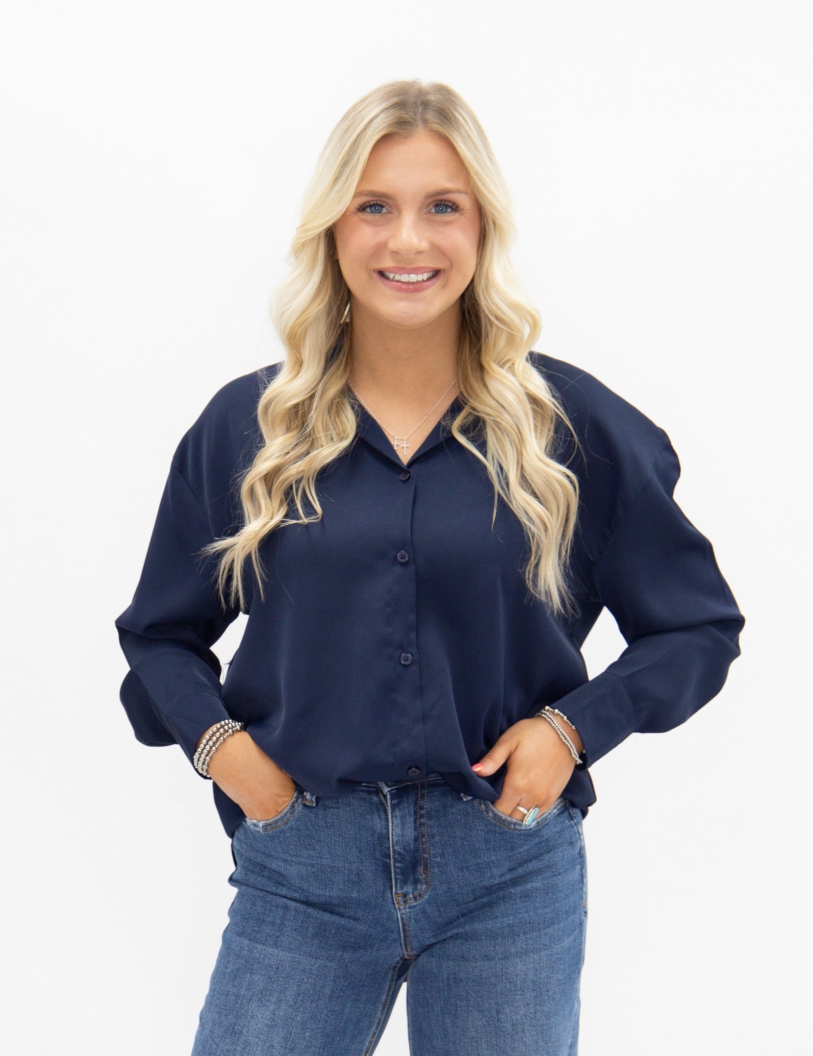 Kathryn Classic Button-Up Top - Navy