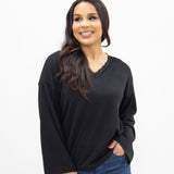 V-Neck Top with Lace Trim - Black