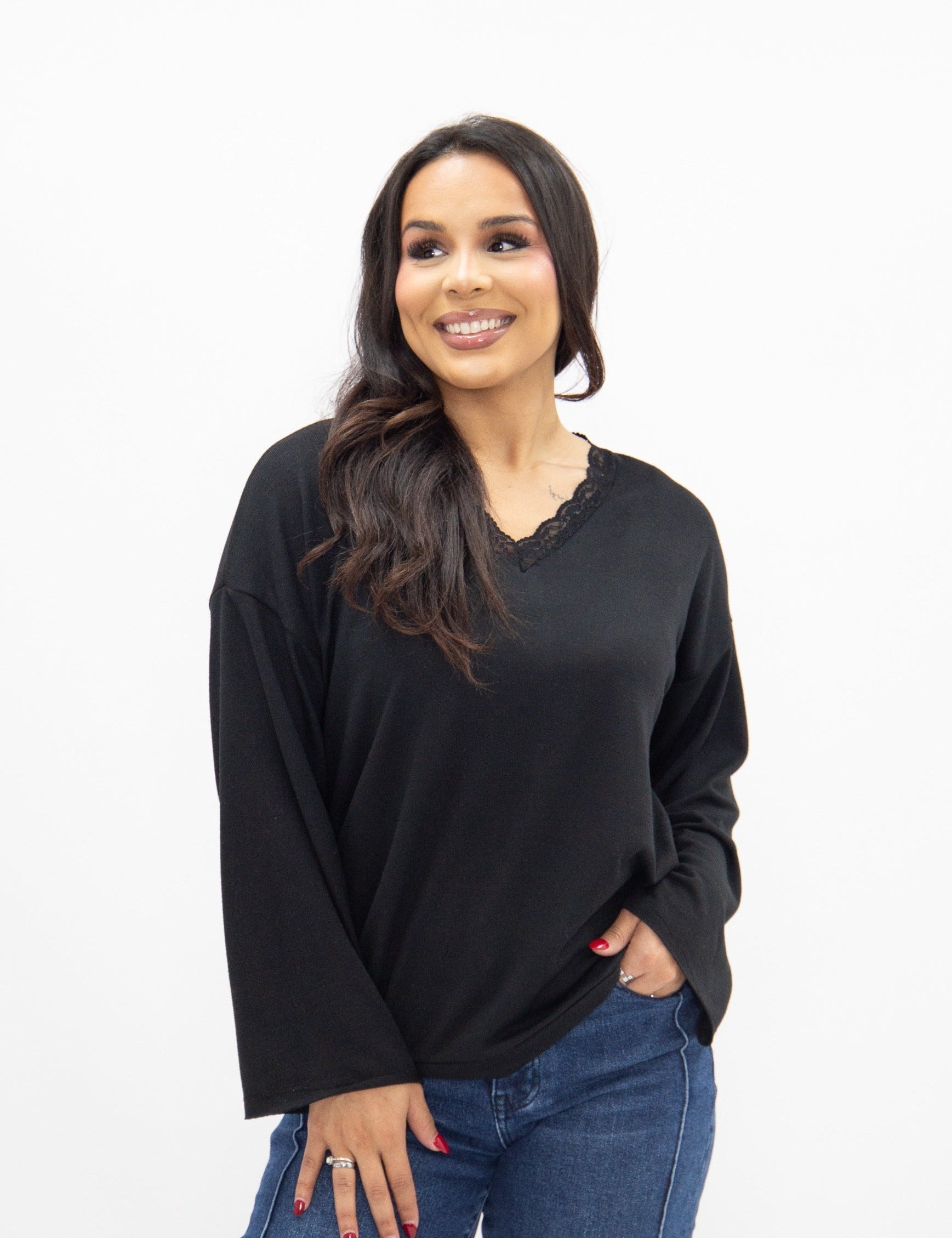 V-Neck Top with Lace Trim - Black