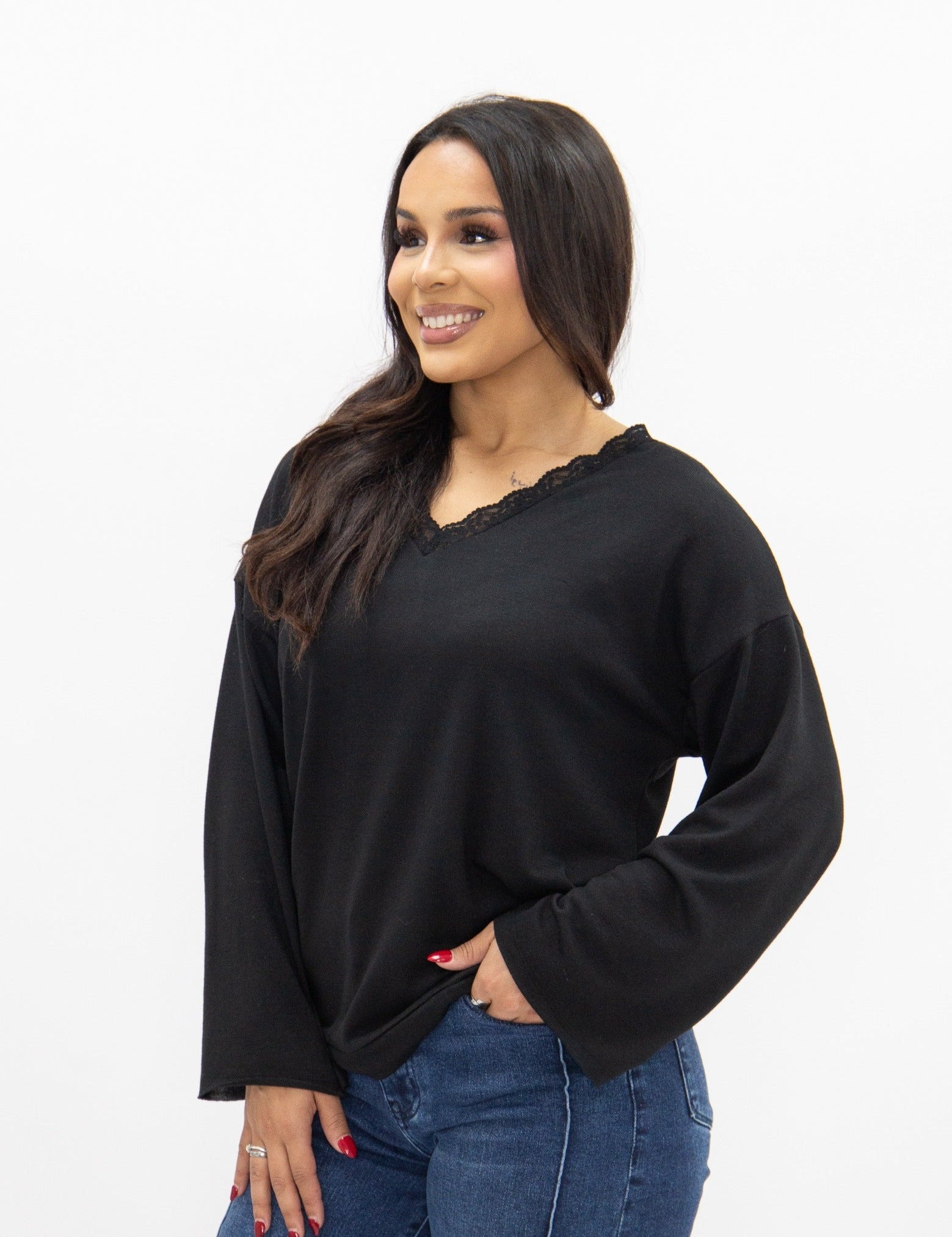 V-Neck Top with Lace Trim - Black