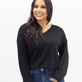 V-Neck Top with Lace Trim - Black