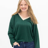 V-Neck Top with Lace Trim - Forest Green