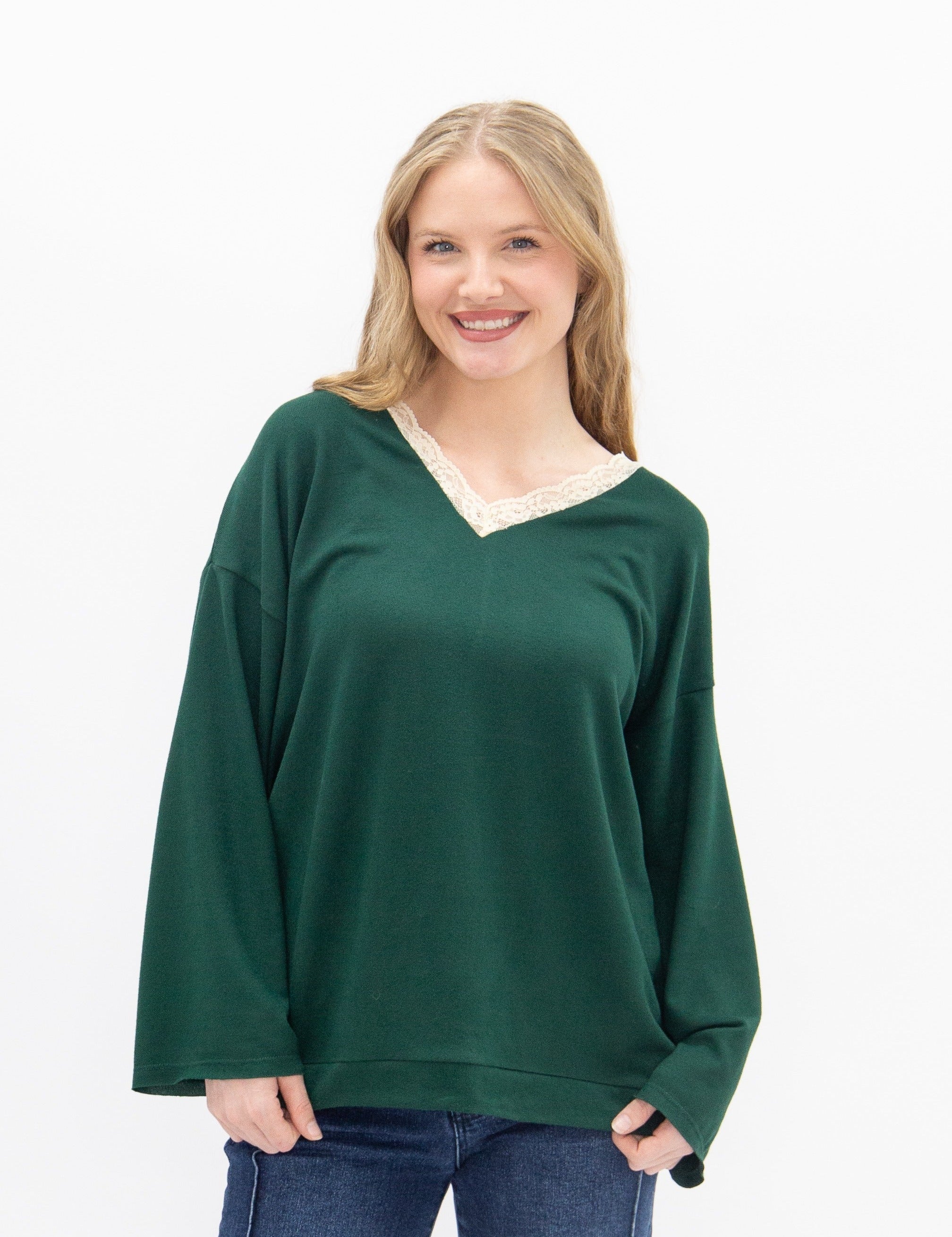 V-Neck Top with Lace Trim - Forest Green