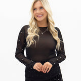 Mesh Long Sleeve Top with Pearls Detail -  Black  - PREORDER