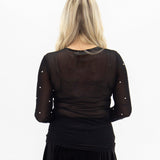 Mesh Long Sleeve Top with Pearls Detail -  Black  - PREORDER