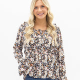 Peplum Blouse with Ruffle Detail - Black Floral