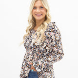 Peplum Blouse with Ruffle Detail - Black Floral
