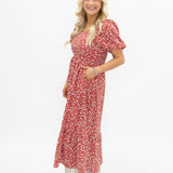 Puff Sleeve Midi Dress - Red Floral
