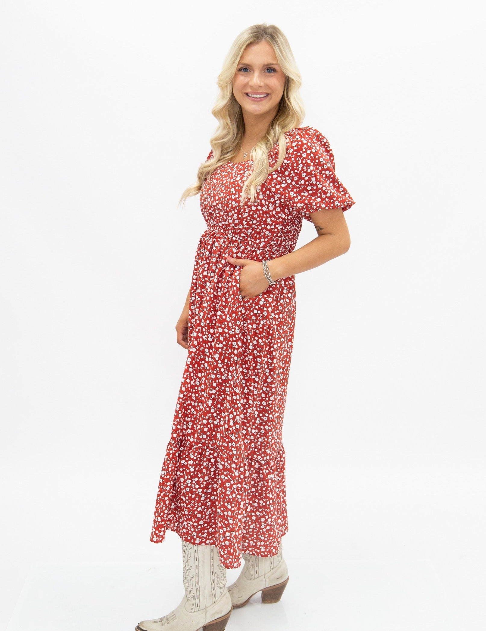 Puff Sleeve Midi Dress - Red Floral