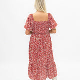 Puff Sleeve Midi Dress - Red Floral