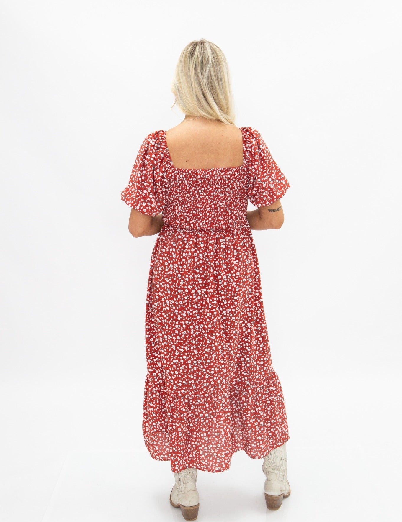 Puff Sleeve Midi Dress - Red Floral
