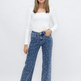 Straight-Leg Jeans with Pearls Studs