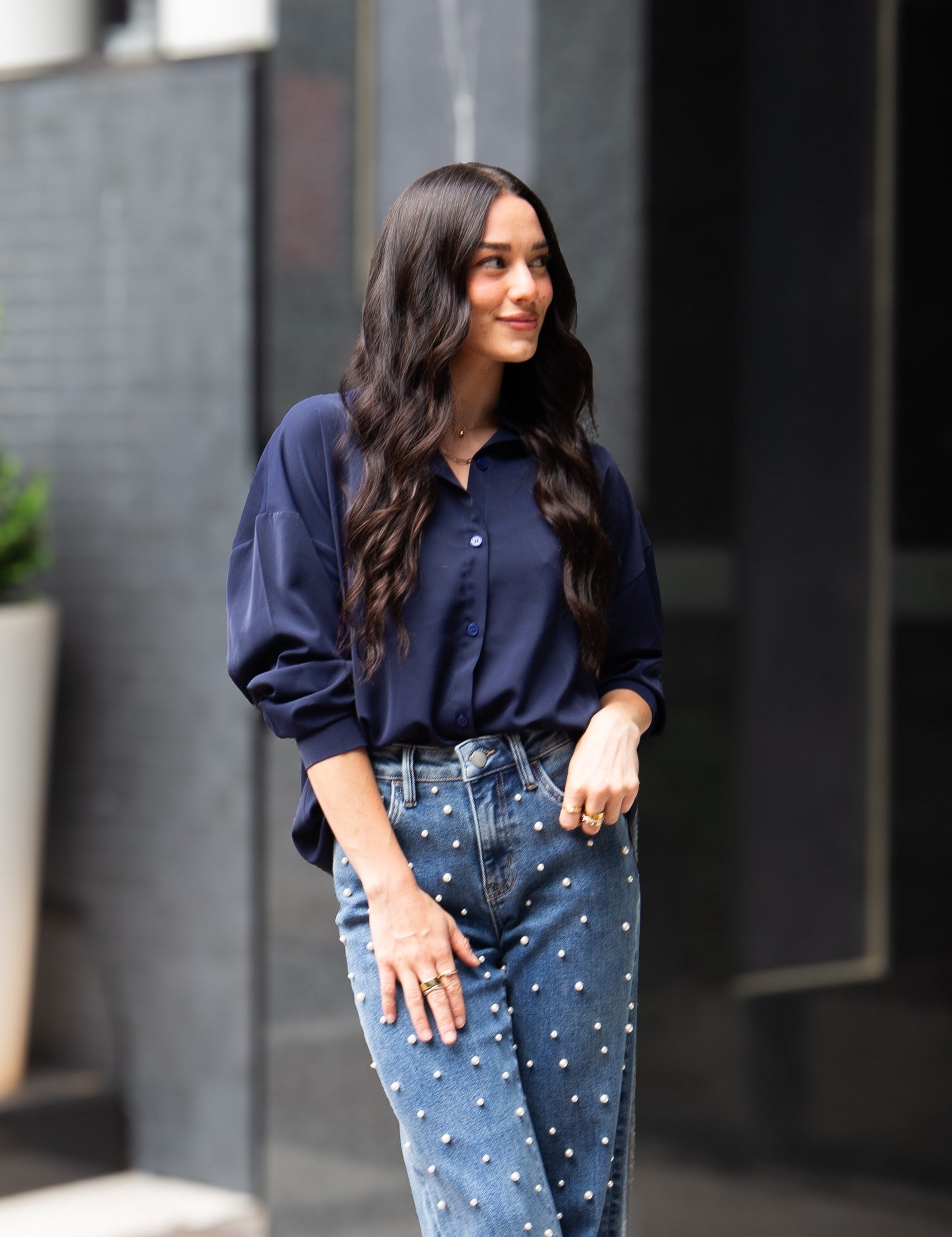 Kathryn Classic Button-Up Top - Navy