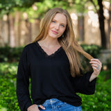 V-Neck Top with Lace Trim - Black