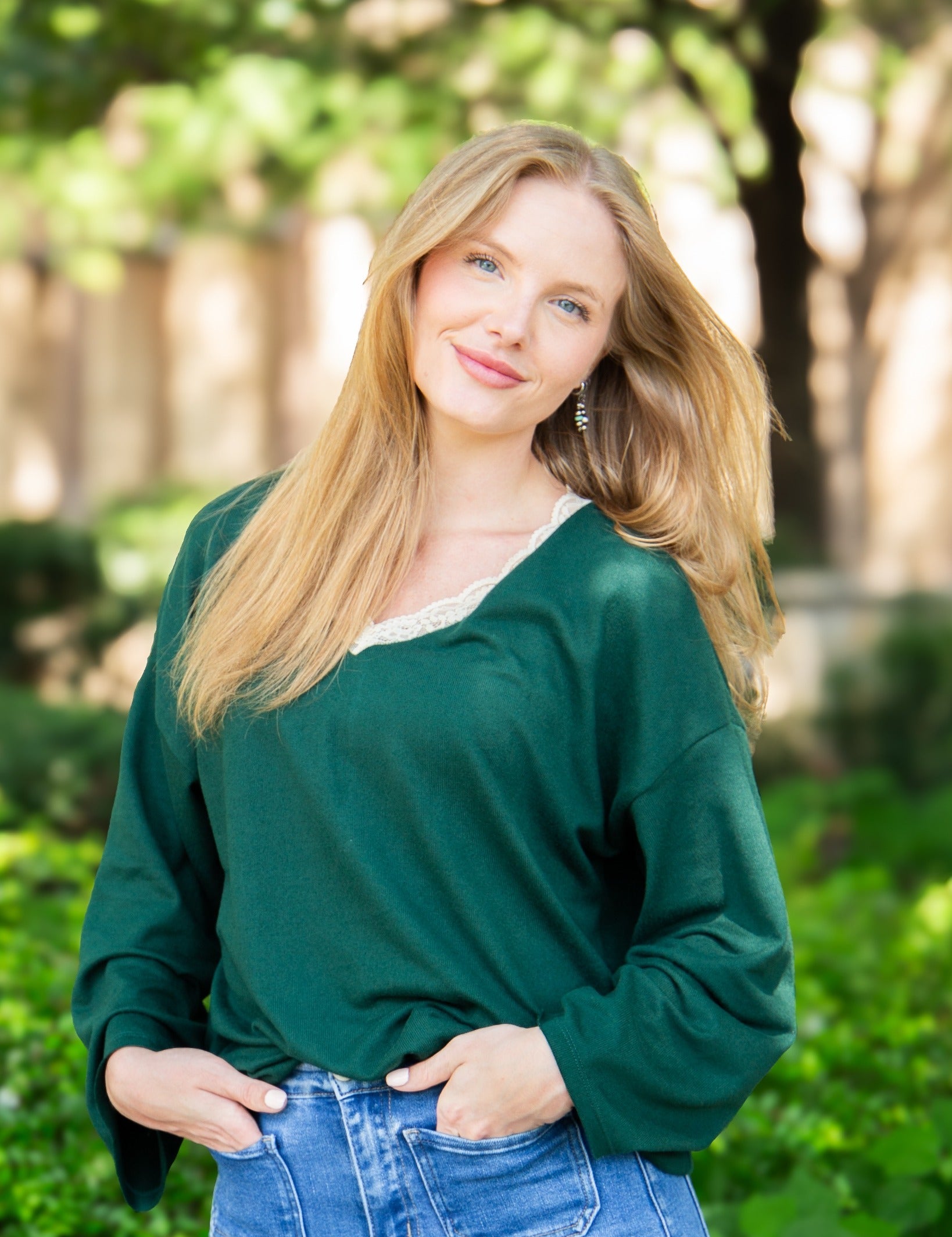 V-Neck Top with Lace Trim - Forest Green