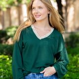 V-Neck Top with Lace Trim - Forest Green