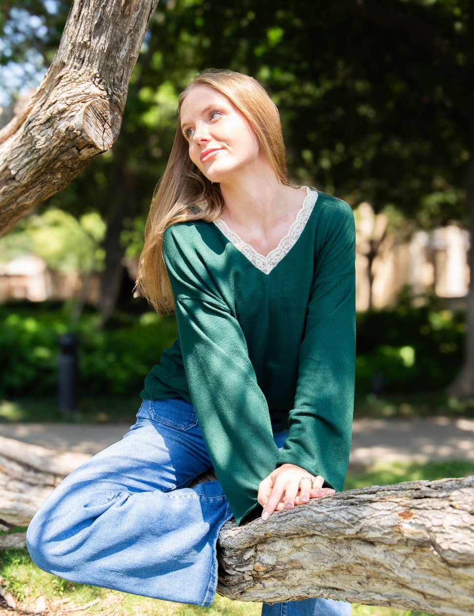 V-Neck Top with Lace Trim - Forest Green