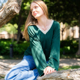 V-Neck Top with Lace Trim - Forest Green