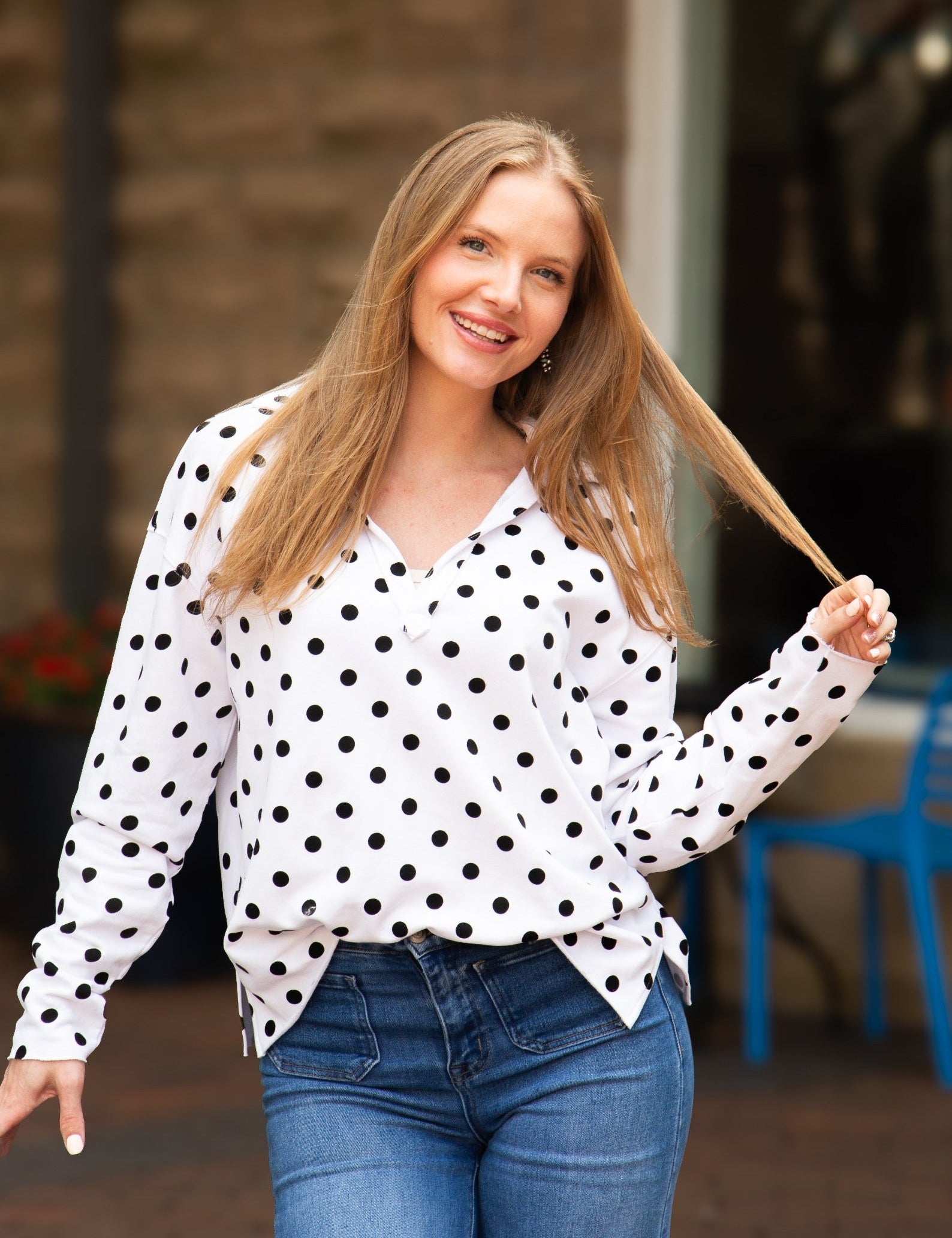 V-Neck Collared Pullover - Polka Dot