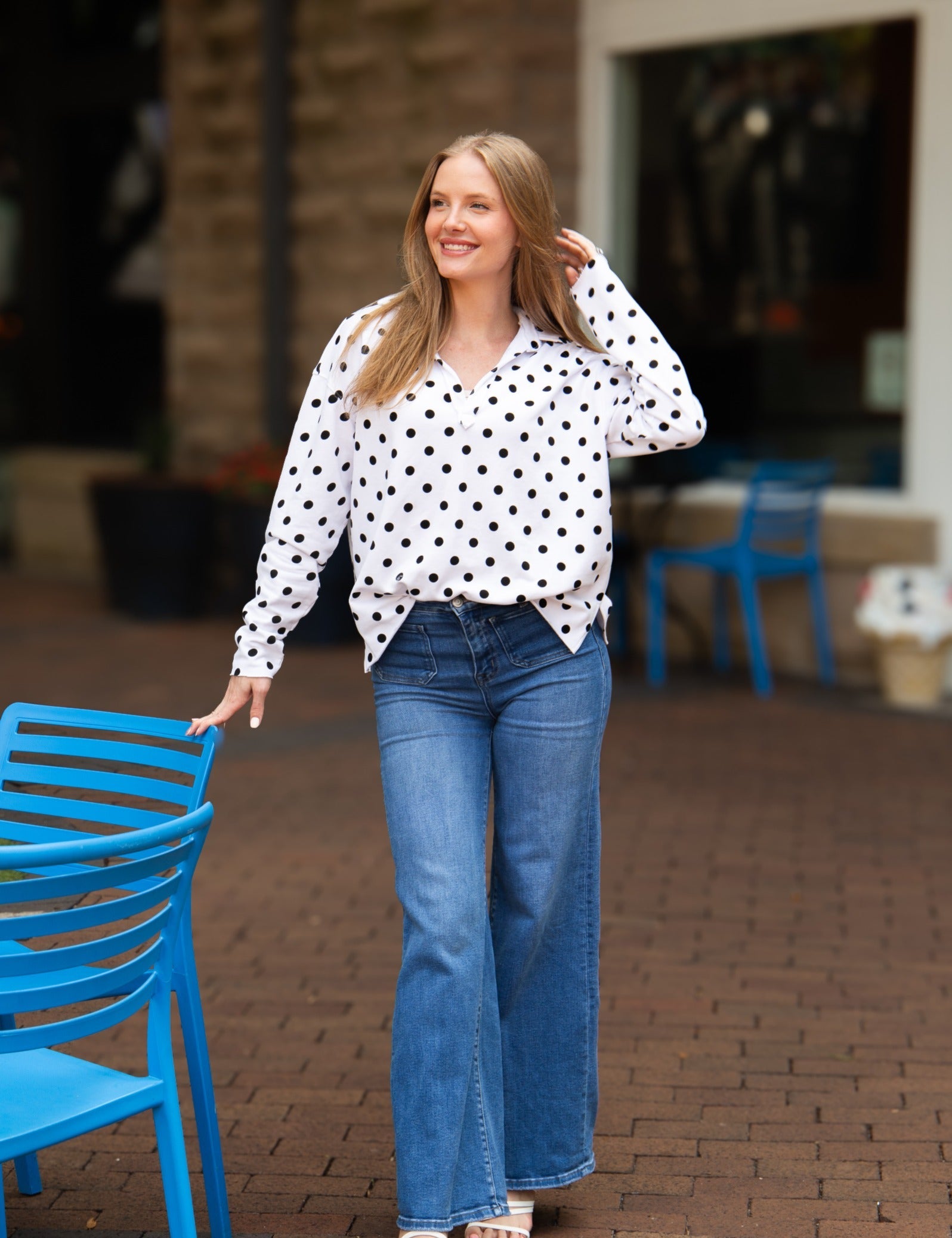 V-Neck Collared Pullover - Polka Dot